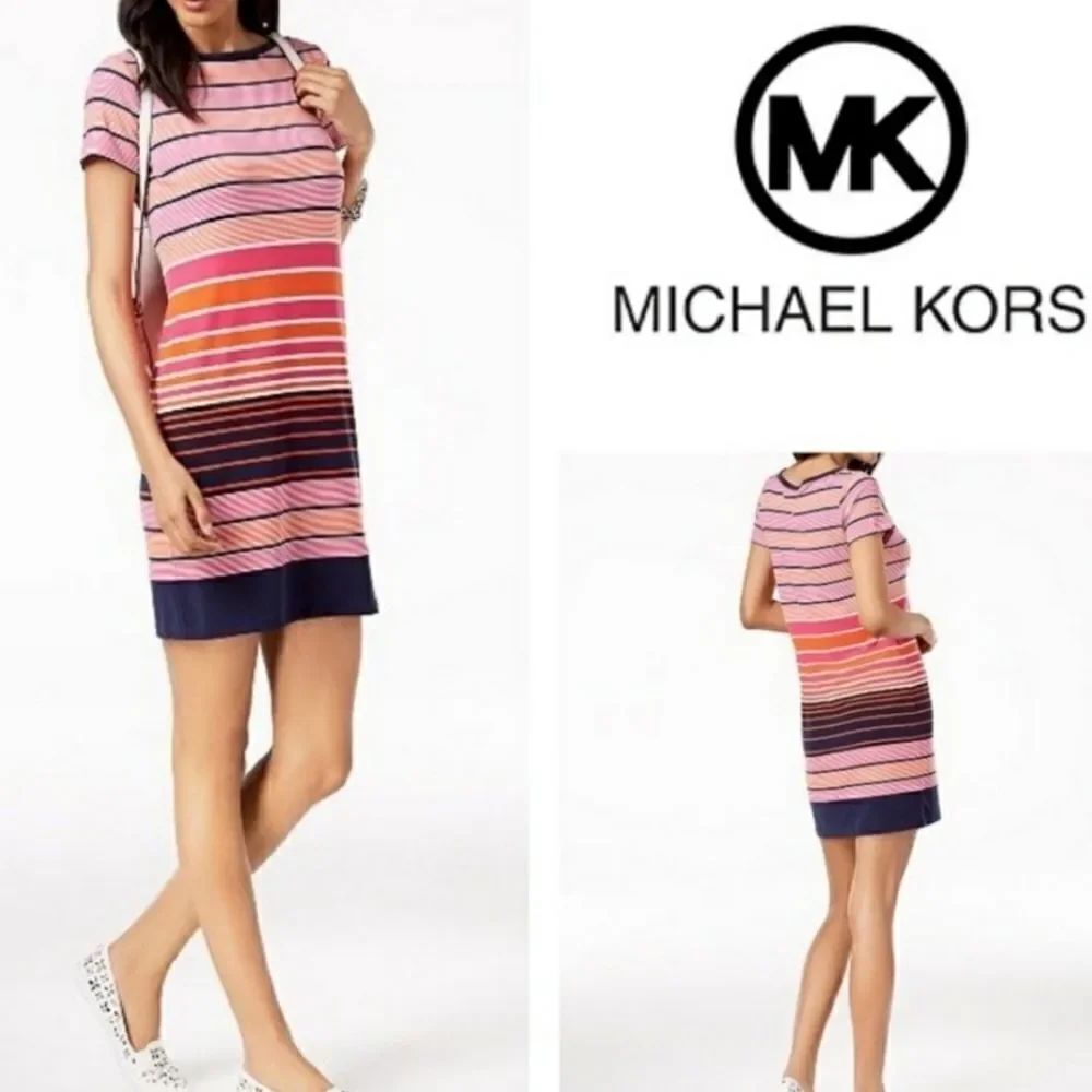 MICHAEL Michael Kors Abbey Striped Short Sleeve Shift Crew Dress